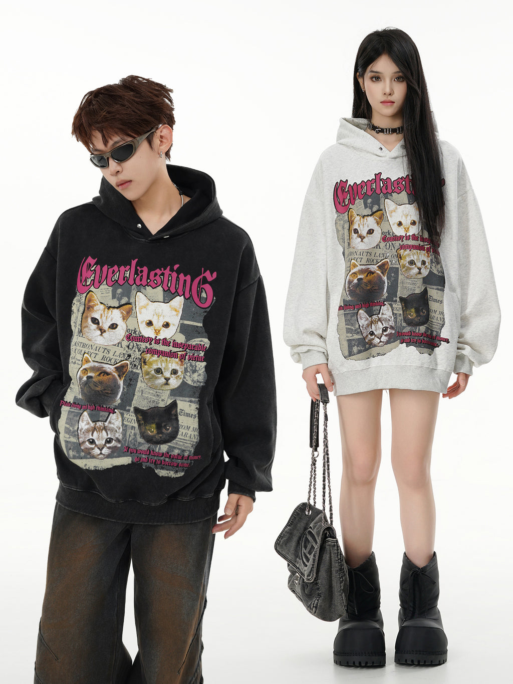"Everlasting" Vintage Cat Graphic Hoodie - Washed Streetwear Edition
