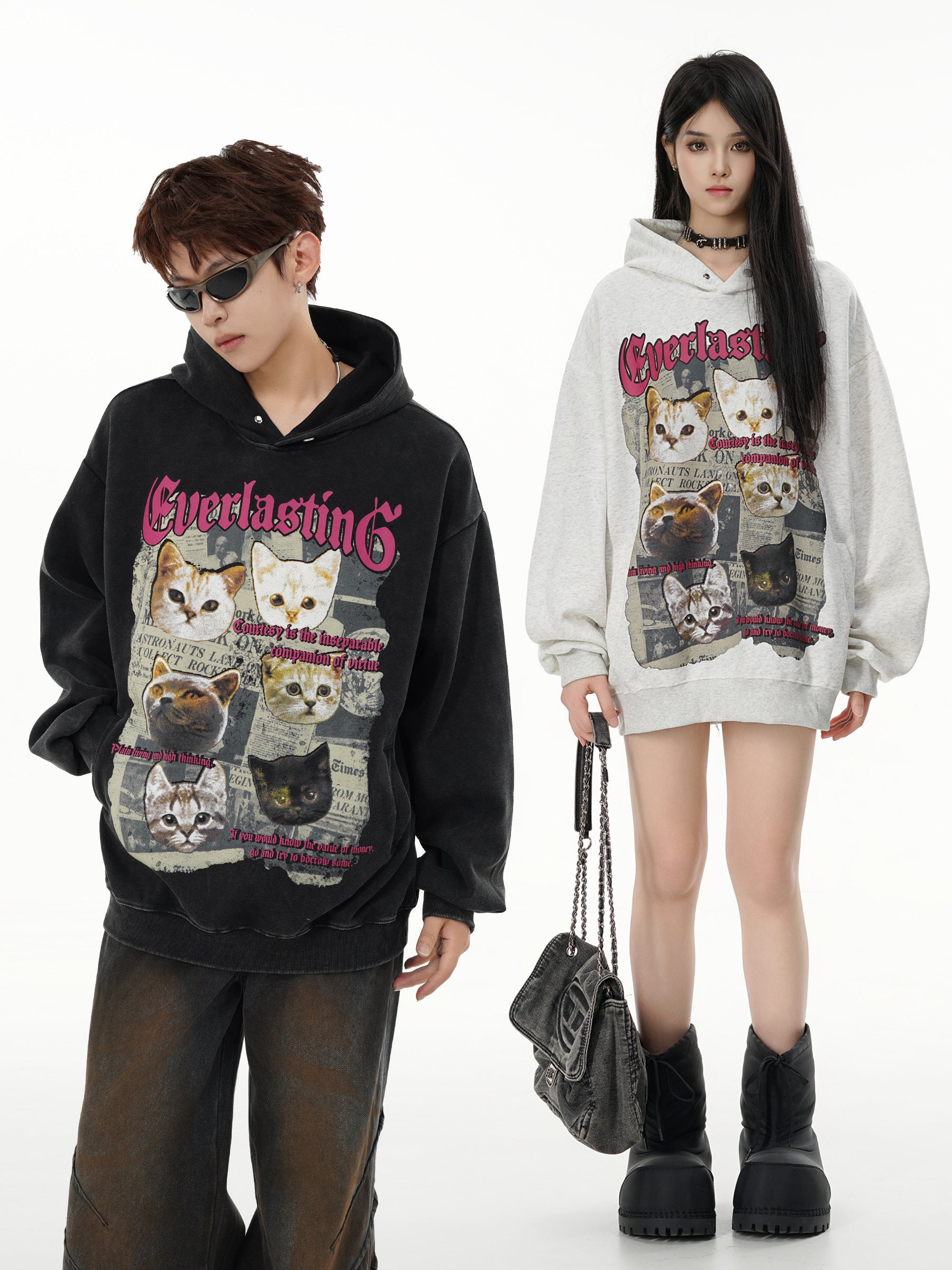 "Everlasting" Vintage Cat Graphic Hoodie - Washed Streetwear Edition