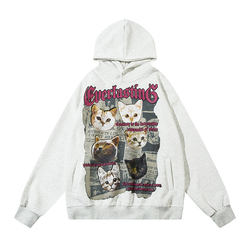 Front view of Heather Grey oversized hoodie with vintage cat graphic and gothic lettering