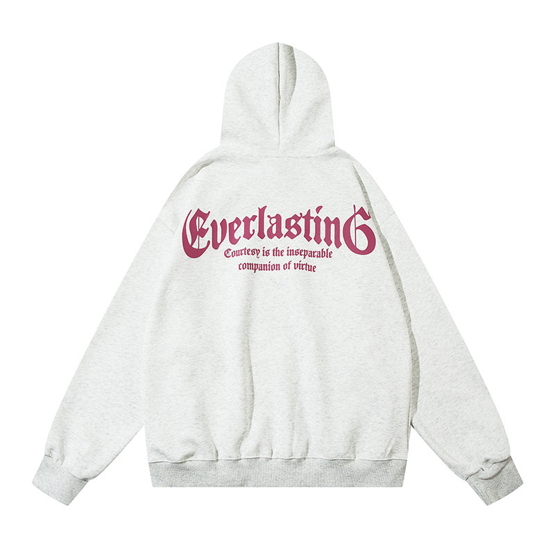 Back view of Heather Grey streetwear hoodie with burgundy text print