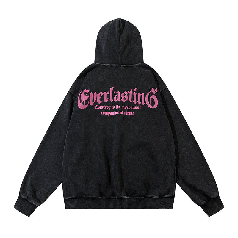 Back view of washed black oversized hoodie featuring pink Everlasting gothic slogan