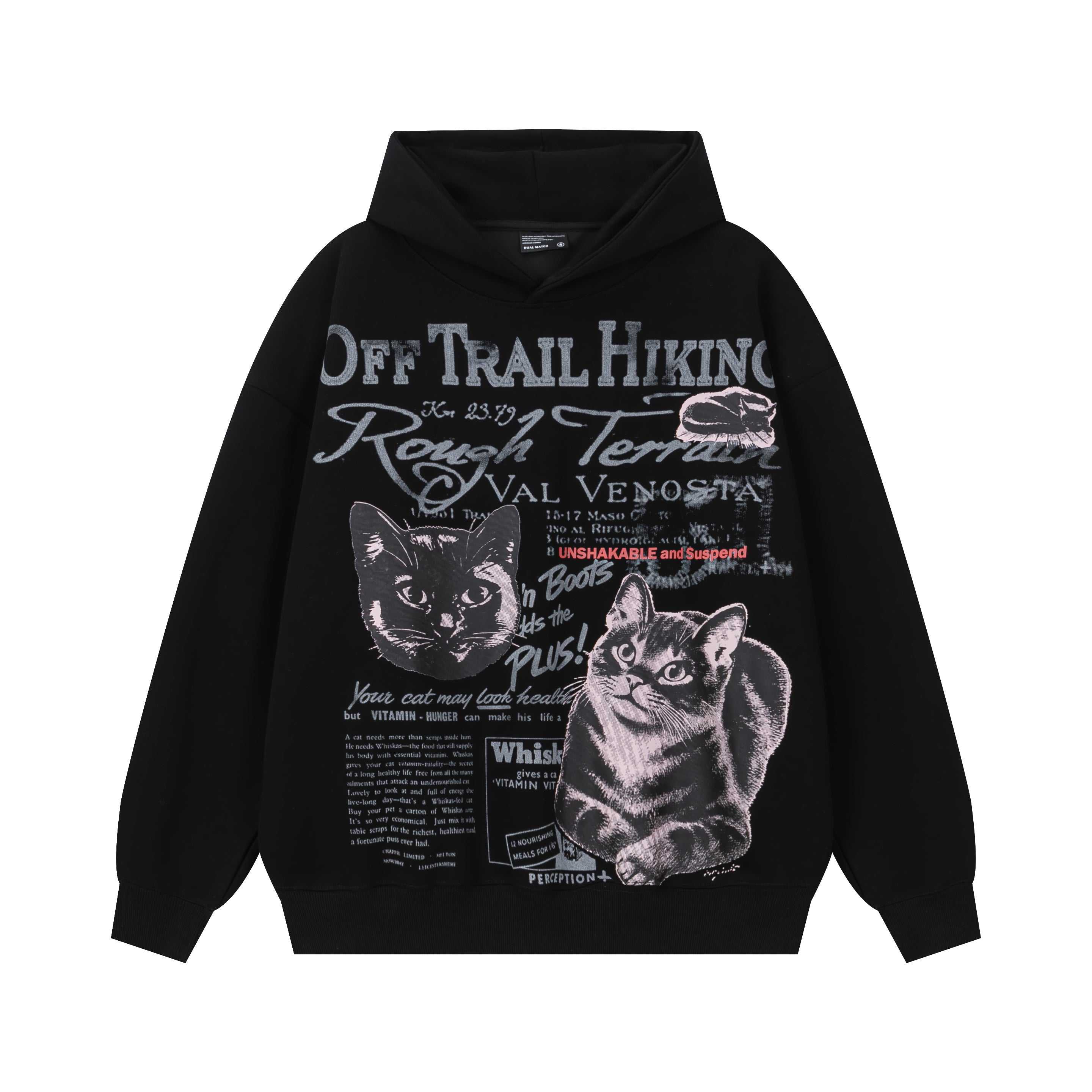 Front view of black graphic hoodie with vintage cat illustration and Off Trail Hiking lettering.