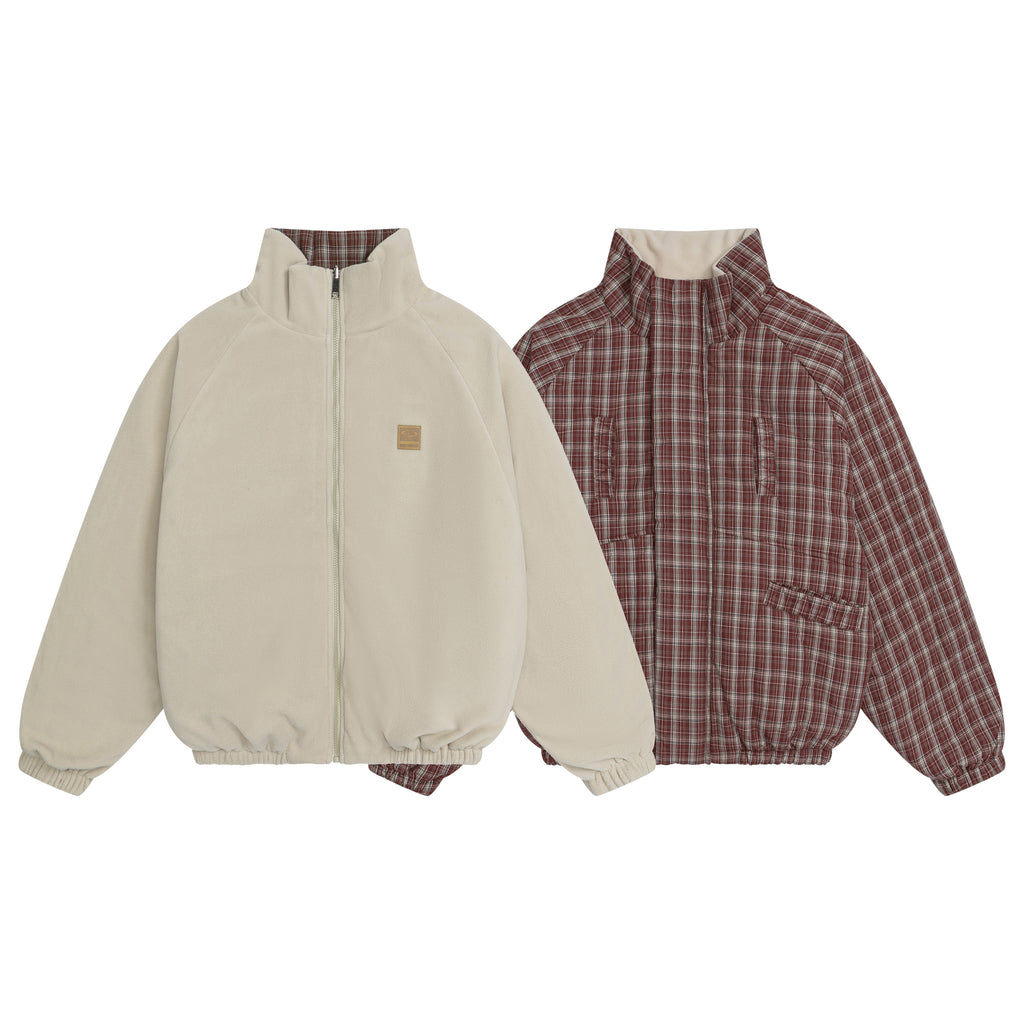 Reversible Jacket Style Comparison Cream Sherpa vs Red Plaid