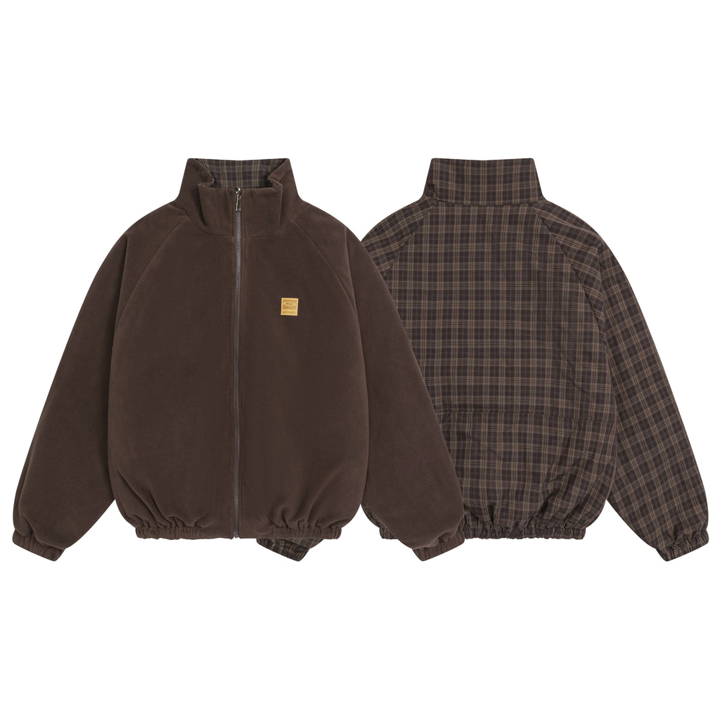 2-in-1 Reversible Winter Coat Mocha Brown Sherpa and Plaid Side