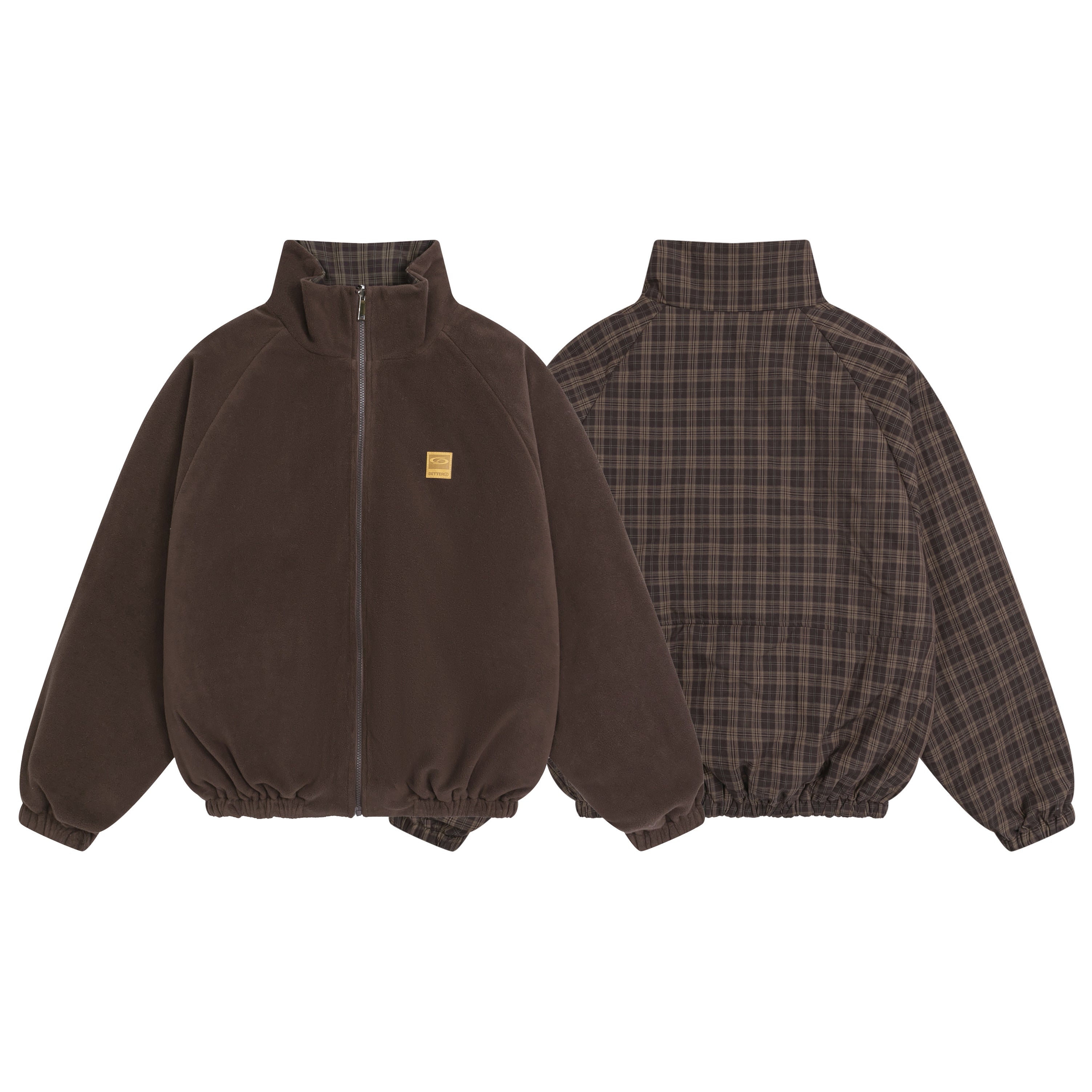 2-in-1 Reversible Winter Coat Mocha Brown Sherpa and Plaid Side