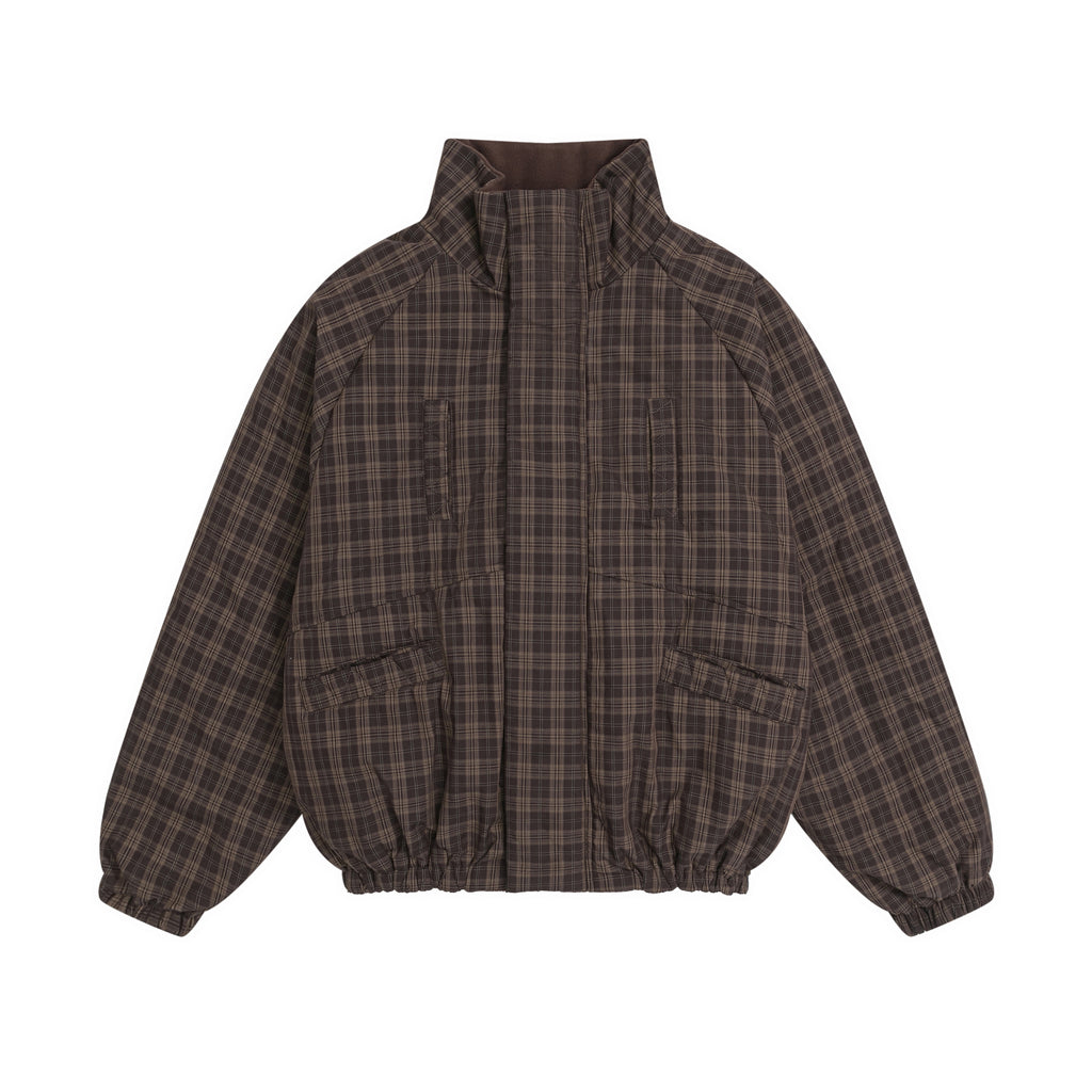 Dark Brown Plaid Reversible Bomber Jacket Front View