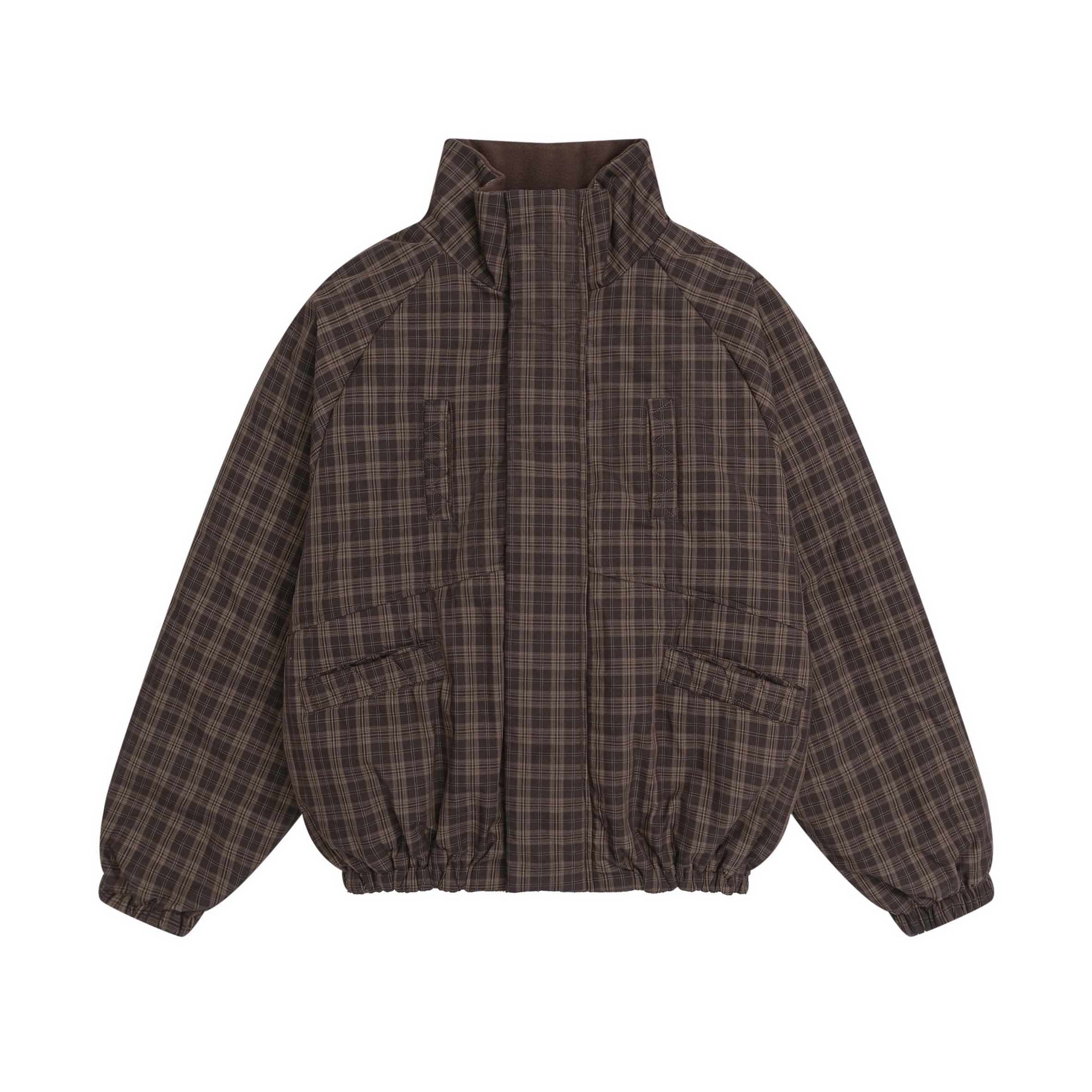 Dark Brown Plaid Reversible Bomber Jacket Front View