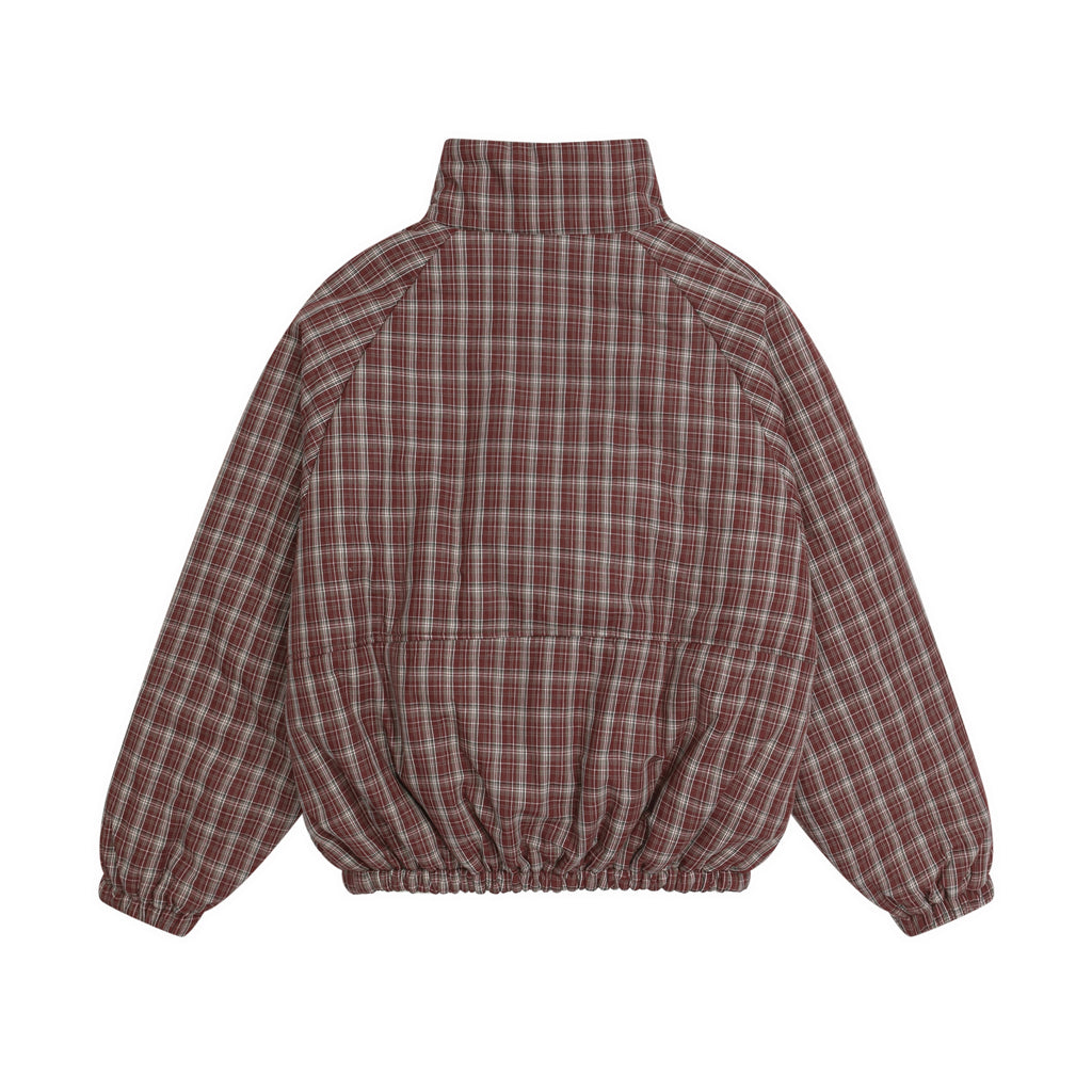Back View of Plaid Padded Bomber Jacket Red Check Pattern