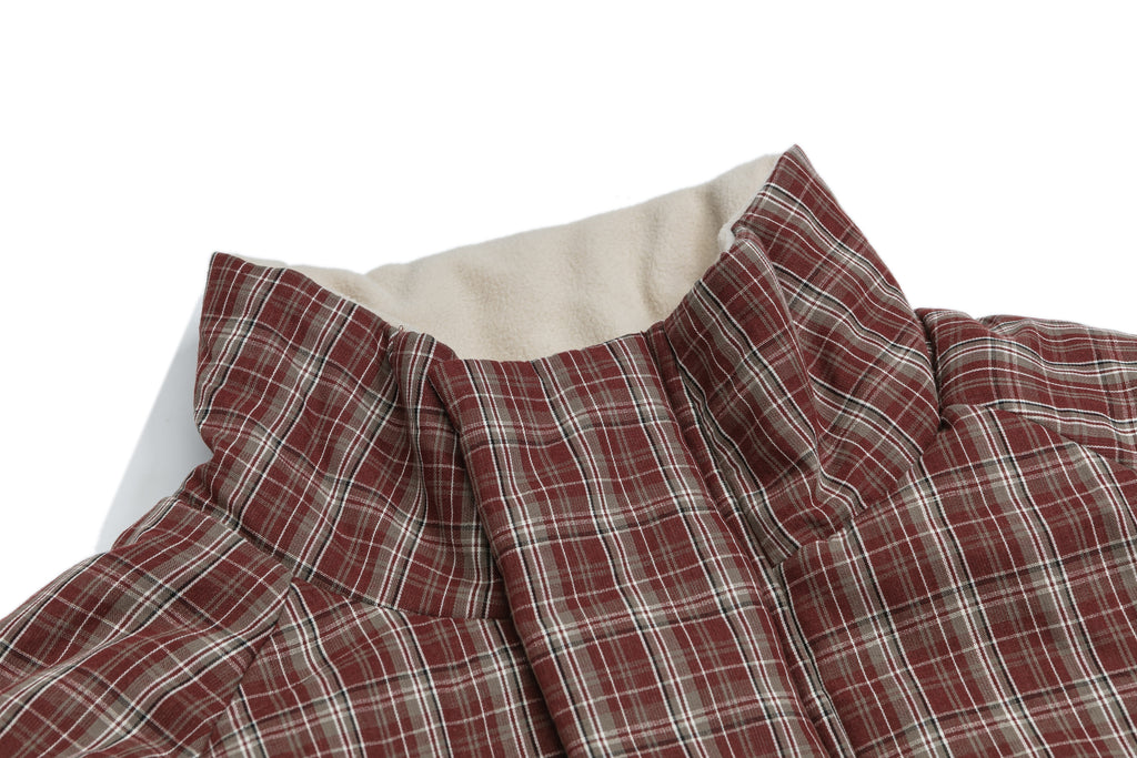 Stand Collar Detail on Vintage Plaid Winter Jacket