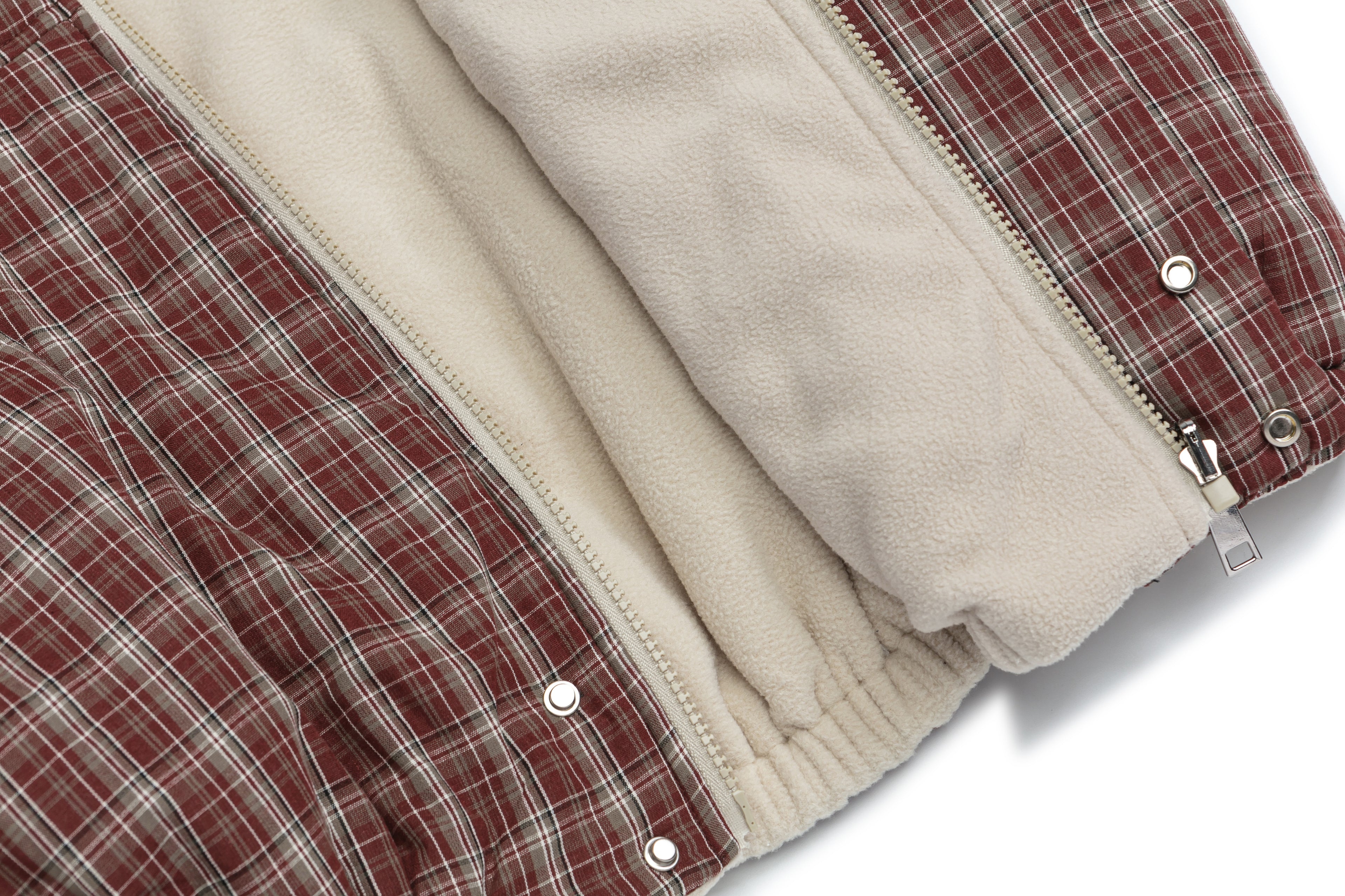 High Quality Reversible Zipper Showing Sherpa Lining and Plaid Shell