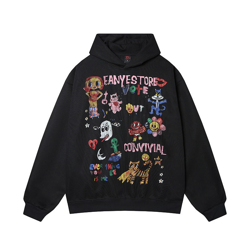 Front view of black oversized hoodie featuring all-over colorful graffiti and retro cartoon graphics.