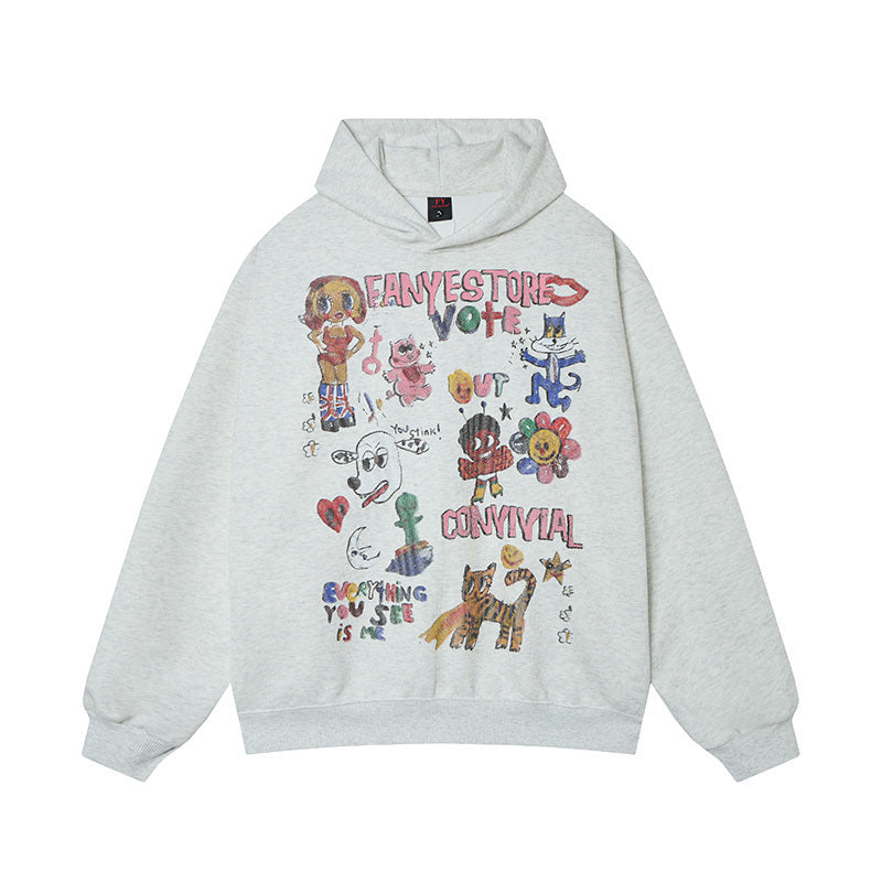 Front view of heather grey graffiti hoodie with "Convivial" and cartoon doodle graphics.
