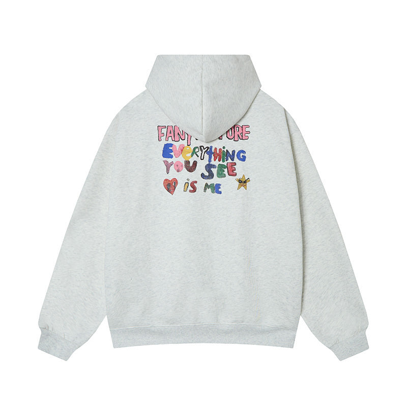 Back view of heather grey streetwear hoodie featuring colorful hand-written slogan.