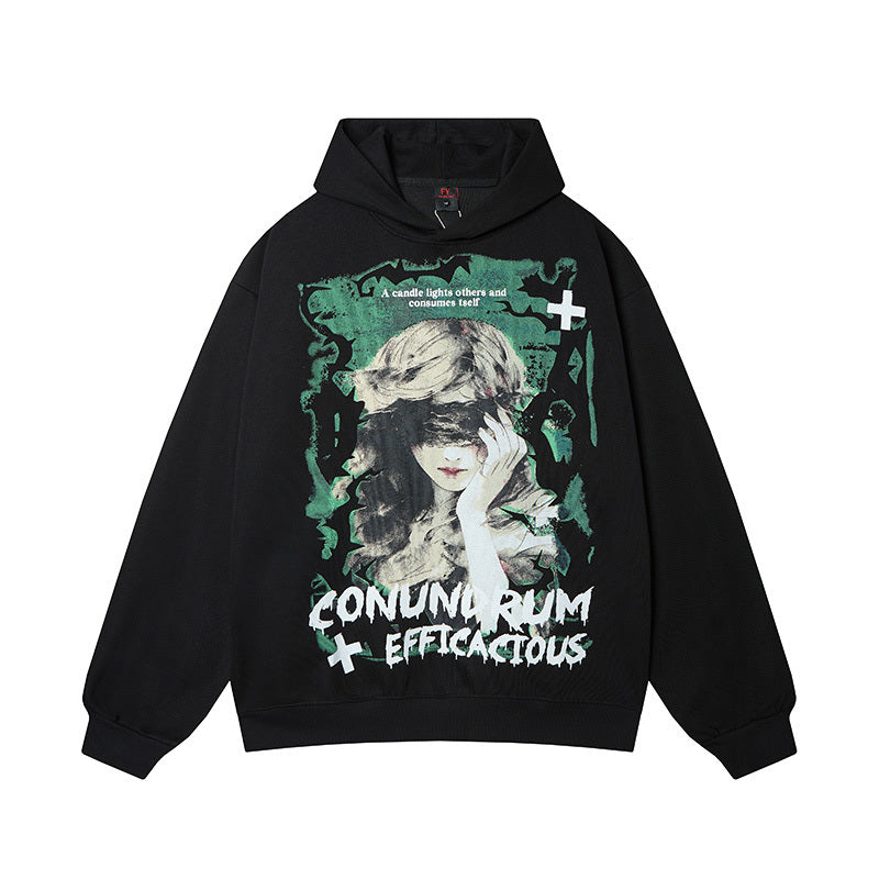 Black Oversized Graphic Hoodie Front View featuring Blindfolded Girl Portrait and Green Abstract Art