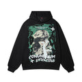 Black Oversized Graphic Hoodie Front View featuring Blindfolded Girl Portrait and Green Abstract Art