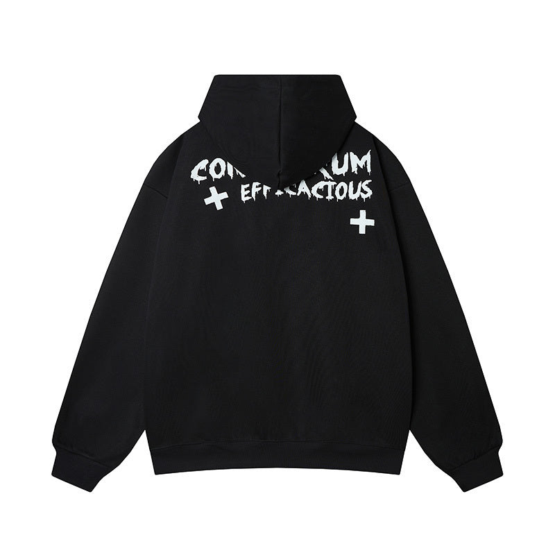 Black Cotton Blend Hoodie Back View with White Conundrum Efficacious Slogan Print