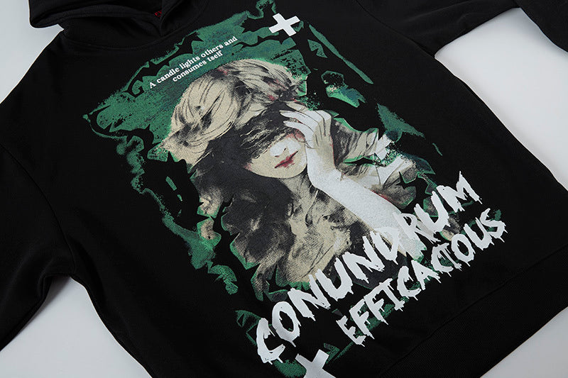 Black Streetwear Hoodie Front Graphic Print featuring Blindfolded Girl and Typography