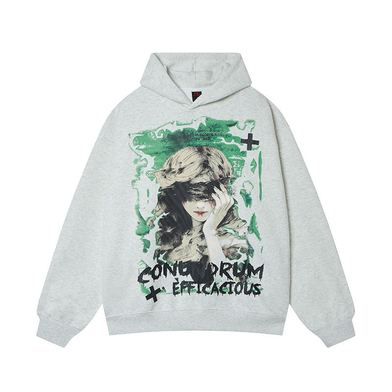 Heather Grey Graphic Pullover Hoodie Front View with Artistic Blindfolded Girl Portrait Print
