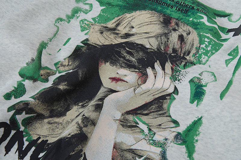 Close-up of High Quality Graphic Print and Fabric Texture on Heather Grey Hoodie