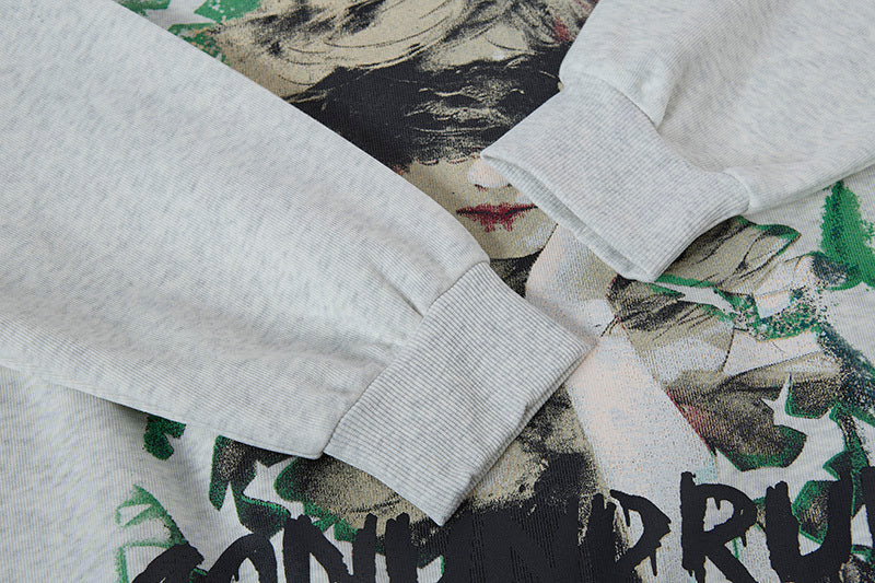 Heather Grey Hoodie Ribbed Cuff Detail and Sleeve Graphic Close-up