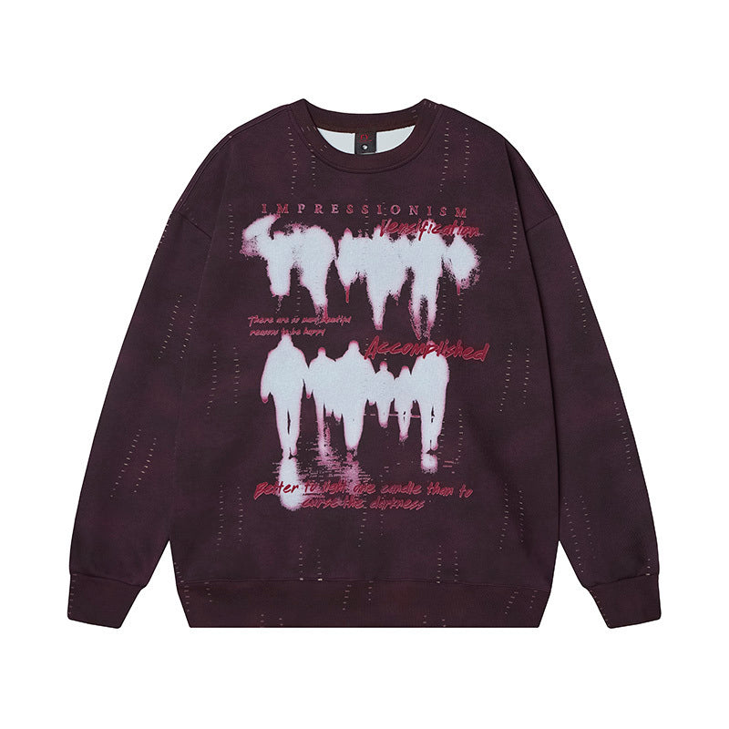 Dark purple acid wash graphic sweatshirt with distressed details and white abstract print - front view.
