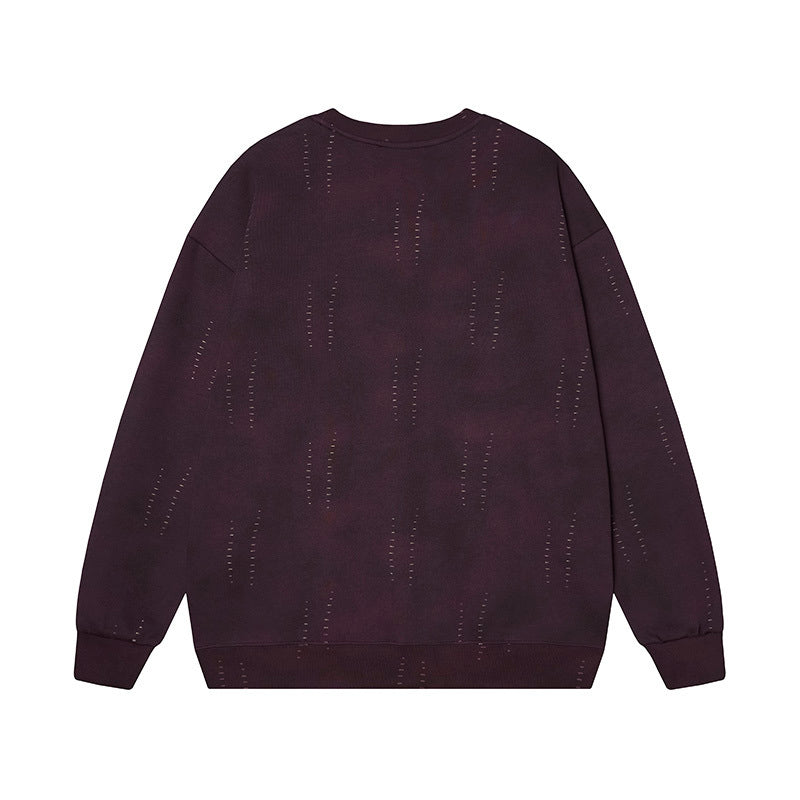 Back view of vintage purple oversized hoodie alternative showing ribbed hem and washed fabric texture.