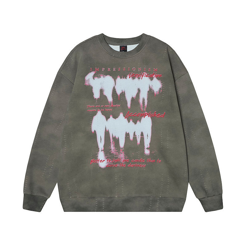 Olive green mineral wash distressed sweatshirt with Impressionism graphic for men and women - front view.