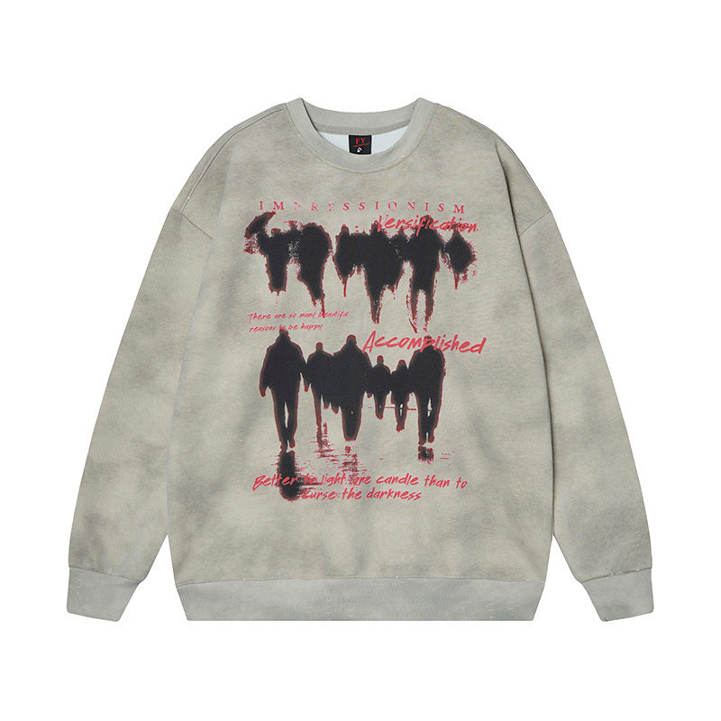 Sand beige vintage wash streetwear crewneck with red and black Impressionism graphic - front view.