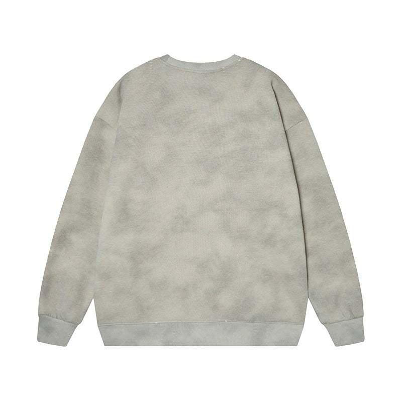 Back view of acid wash beige cotton sweatshirt, drop shoulder relaxed fit pullover.