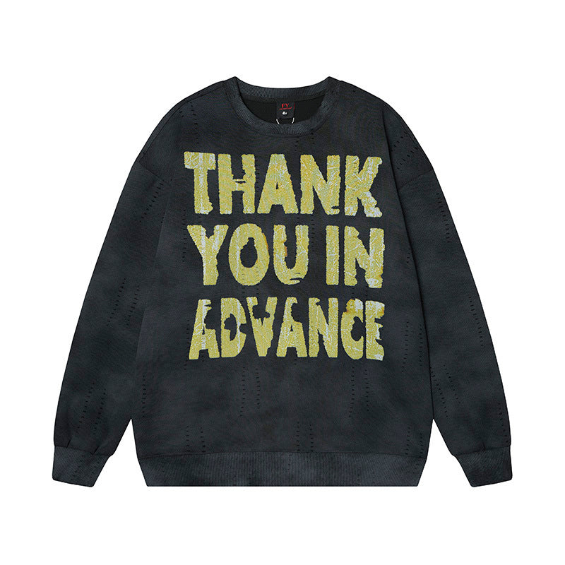Faded charcoal black distressed sweatshirt with Thank You In Advance graphic, grunge style oversized pullover.