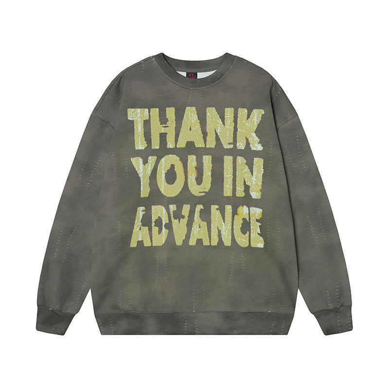 Distressed olive grey oversized sweatshirt with yellow Thank You In Advance text, ripped detailing and vintage wash.