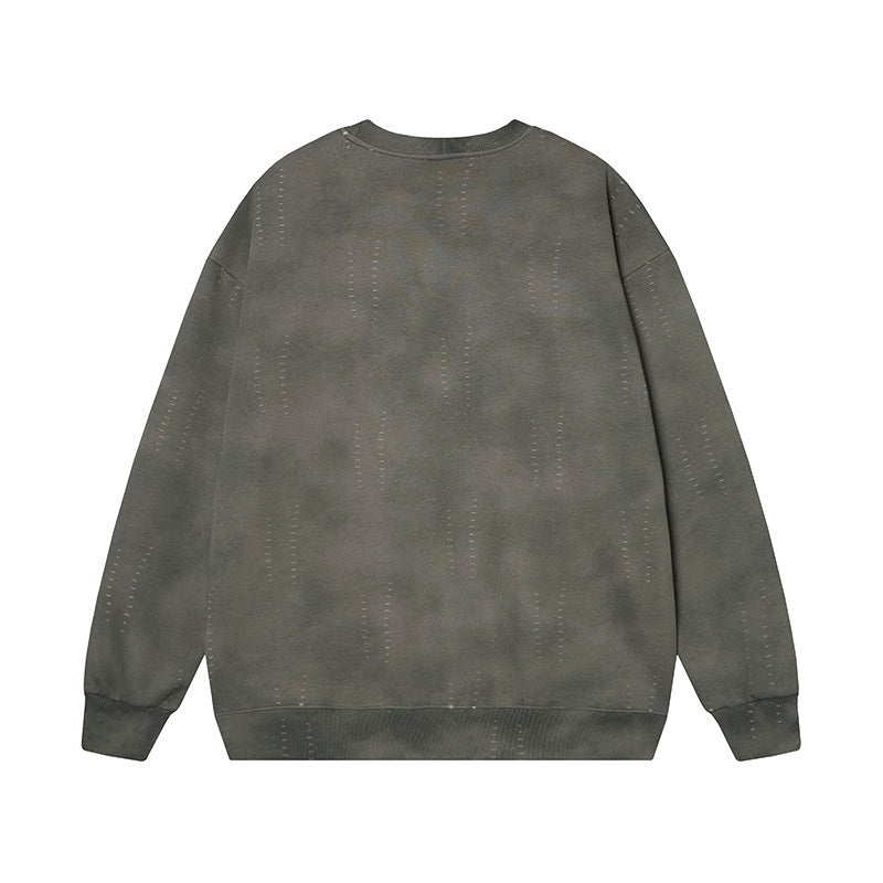 Back view of distressed olive grey crewneck, vintage style streetwear pullover with laddering texture.