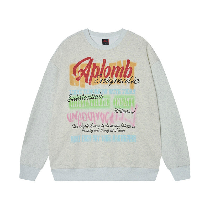 Heather Grey oversized crewneck sweatshirt with colorful graffiti typography and vintage streetwear design.