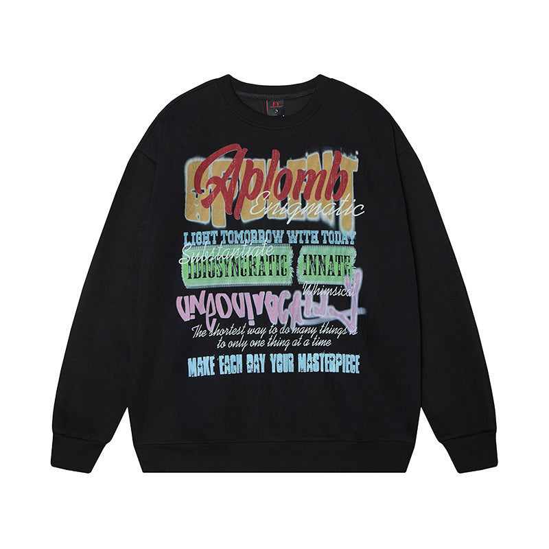 Black graphic pullover sweatshirt featuring bold 'Aplomb' lettering and urban street art style.