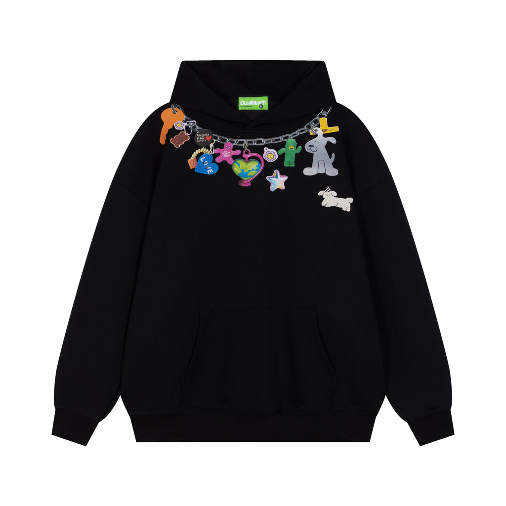 Front view of a black oversized streetwear hoodie with a printed chain necklace graphic and small dog icon.