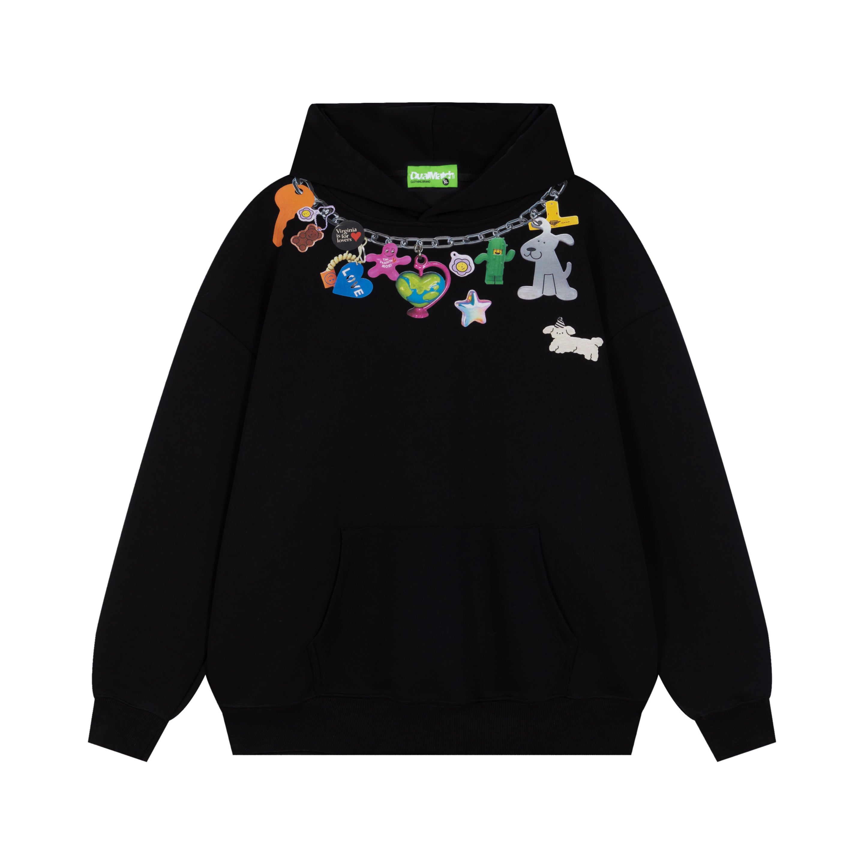Front view of a black oversized streetwear hoodie with a printed chain necklace graphic and small dog icon.