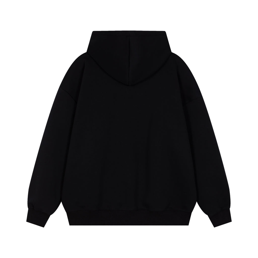 Back view of a plain black oversized hoodie with a drop-shoulder fit and clean design