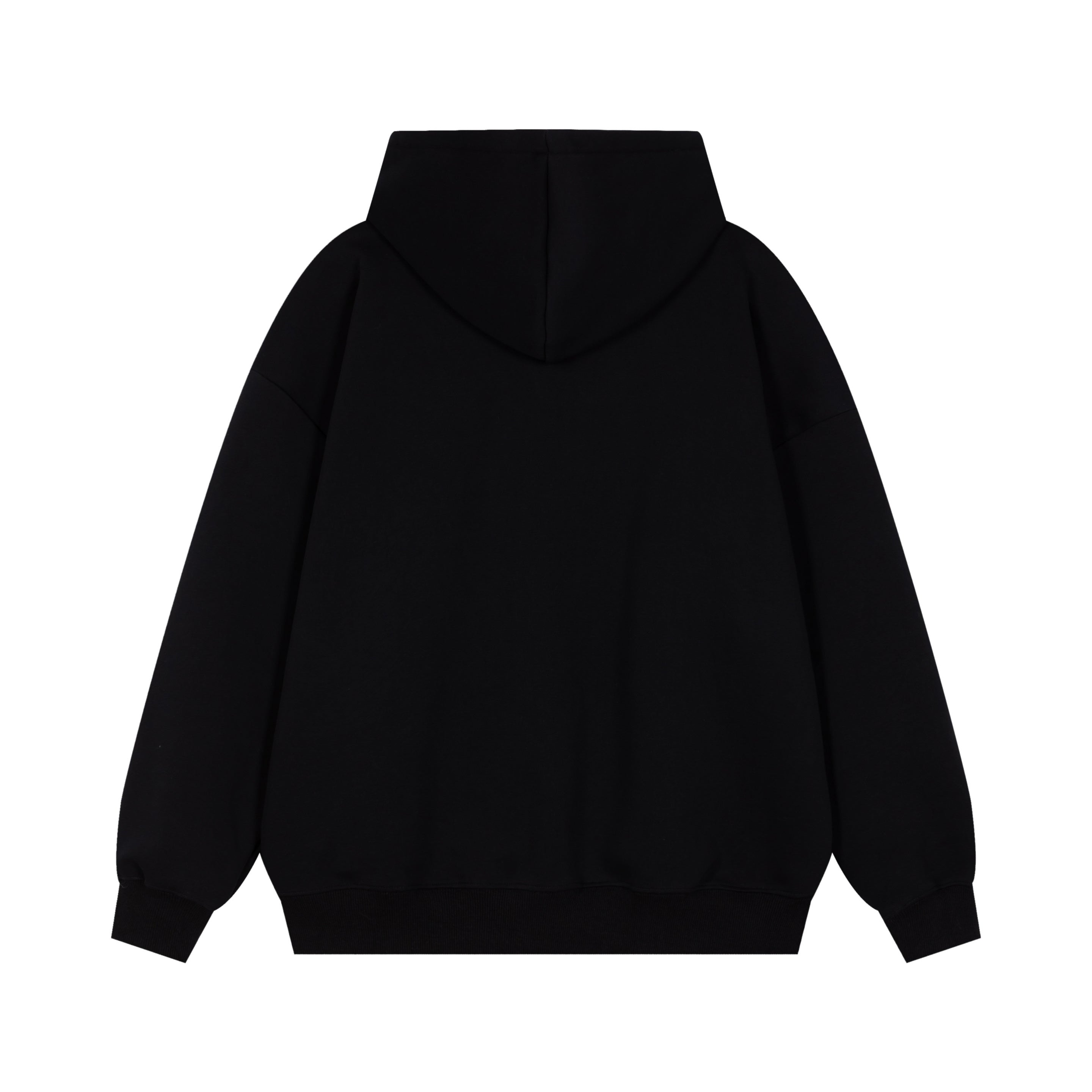 Back view of a plain black oversized hoodie with a drop-shoulder fit and clean design
