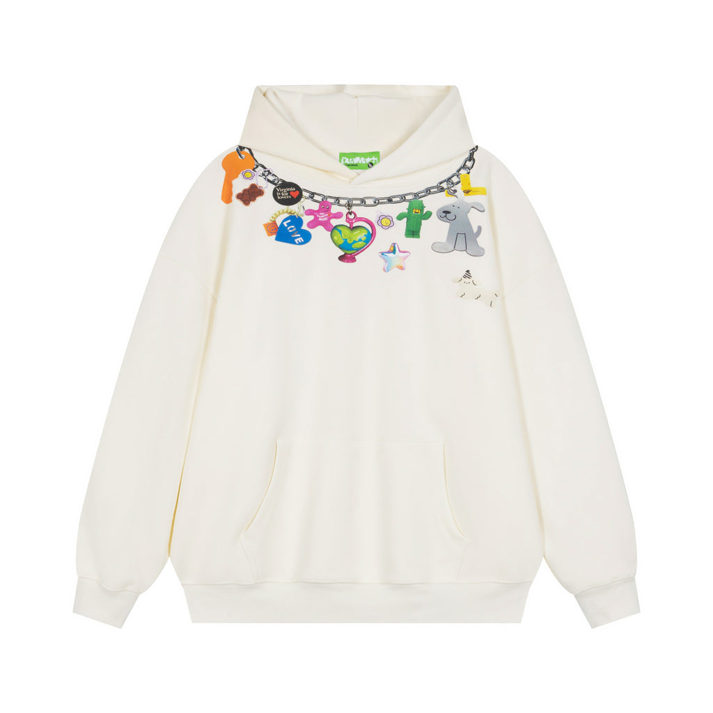 Cream colored oversized pullover hoodie featuring a playful printed charm necklace design on the chest