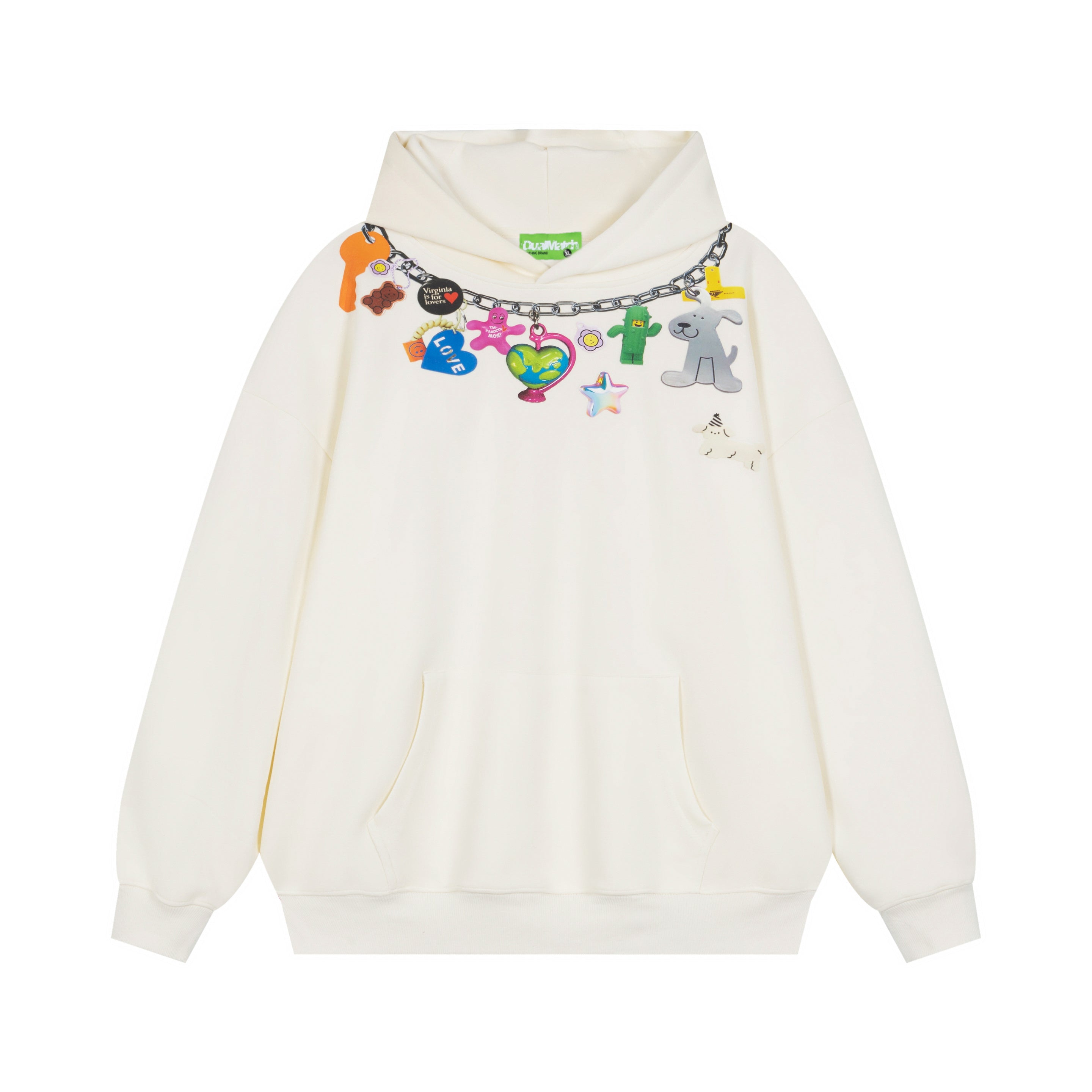 Cream colored oversized pullover hoodie featuring a playful printed charm necklace design on the chest