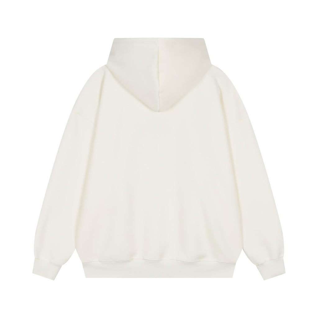 Back view of a solid cream hooded sweatshirt showing a relaxed and comfortable fit.