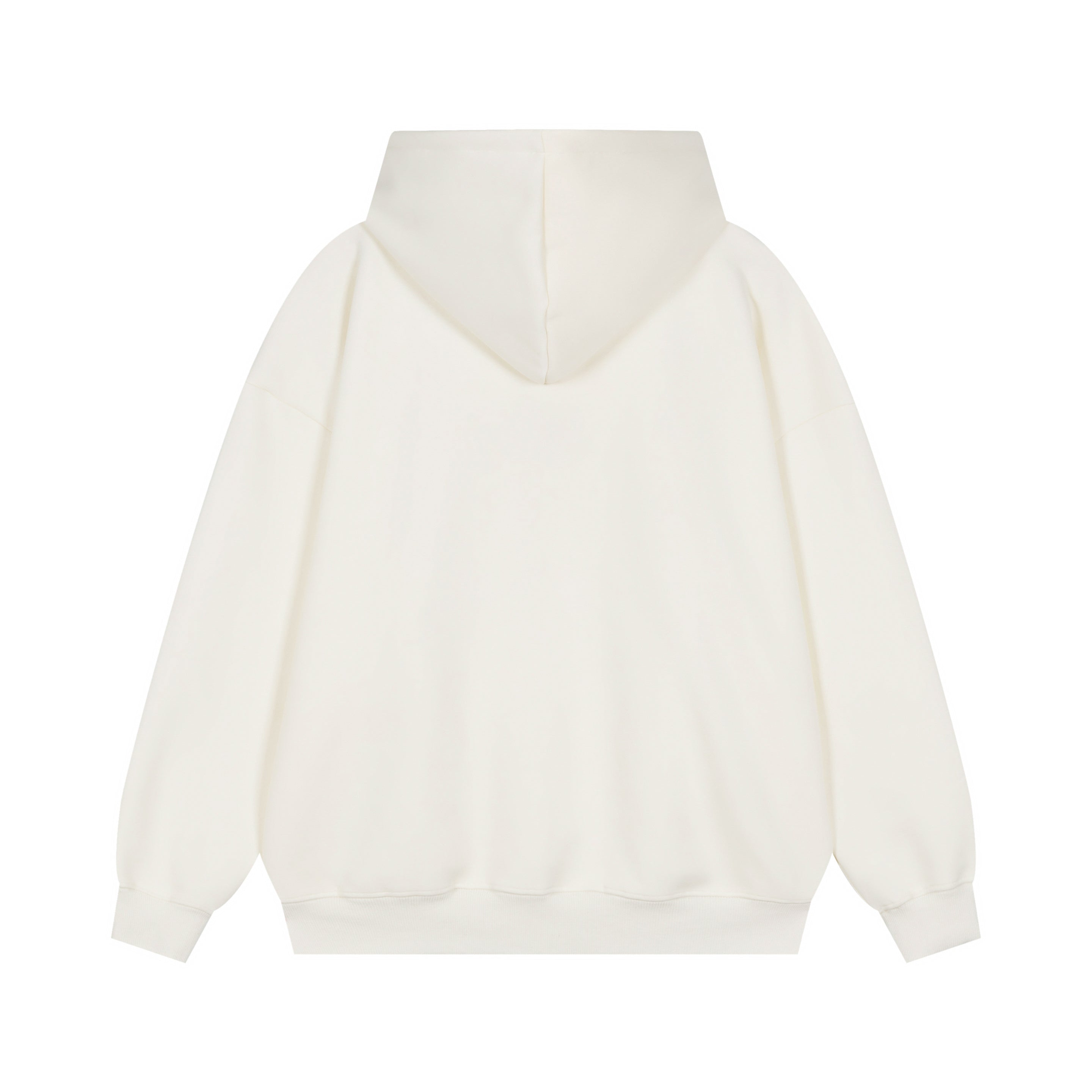 Back view of a solid cream hooded sweatshirt showing a relaxed and comfortable fit.