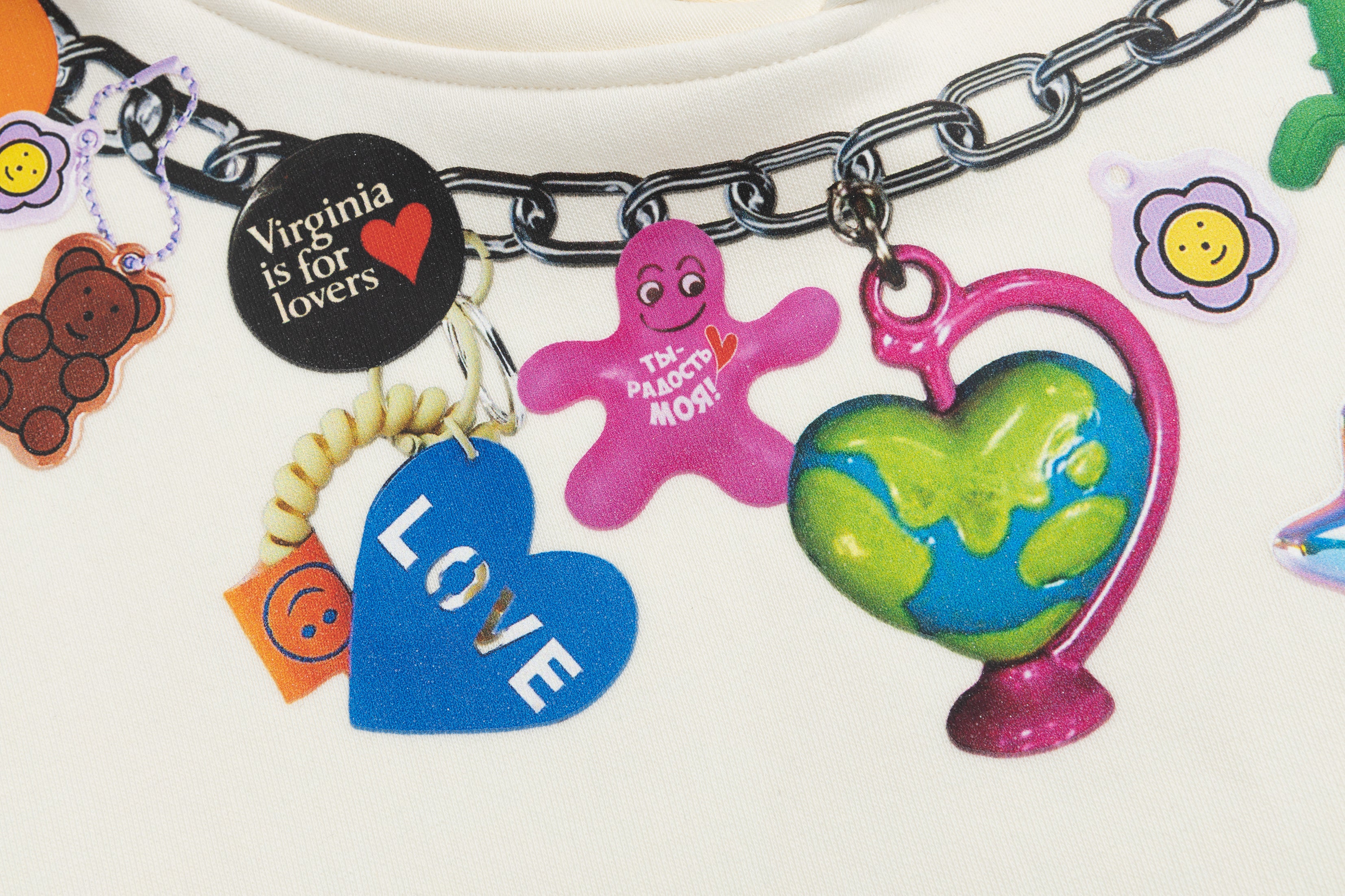 Macro detail of the chest print showing a globe heart, 'Virginia is for lovers' button, and retro charm graphics.