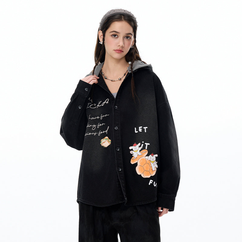 Cool Graffiti & Cartoon Print Denim Shirt with Removable Hoodie