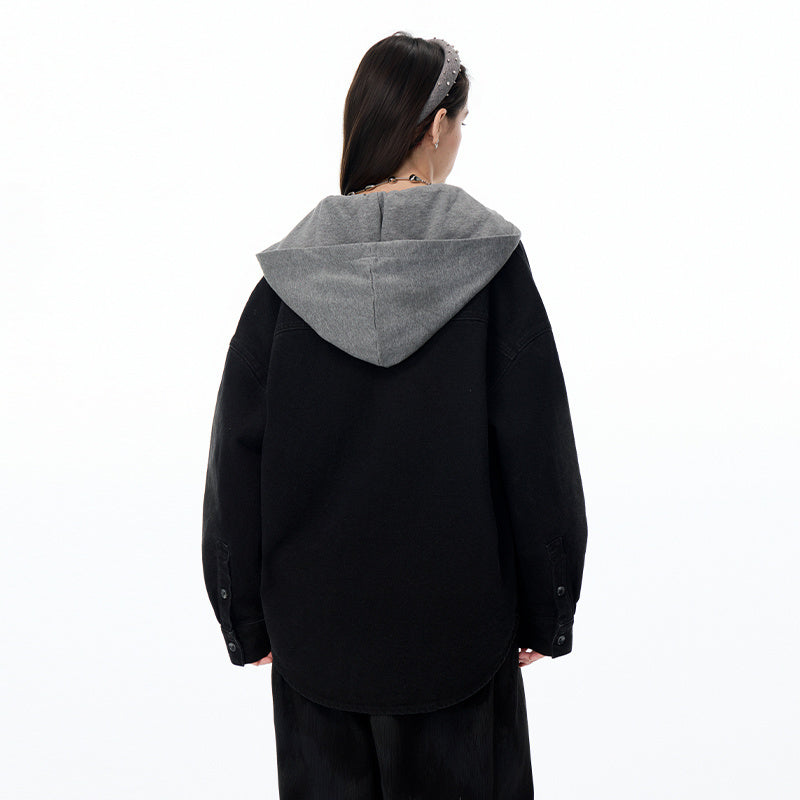 Cool Graffiti & Cartoon Print Denim Shirt with Removable Hoodie