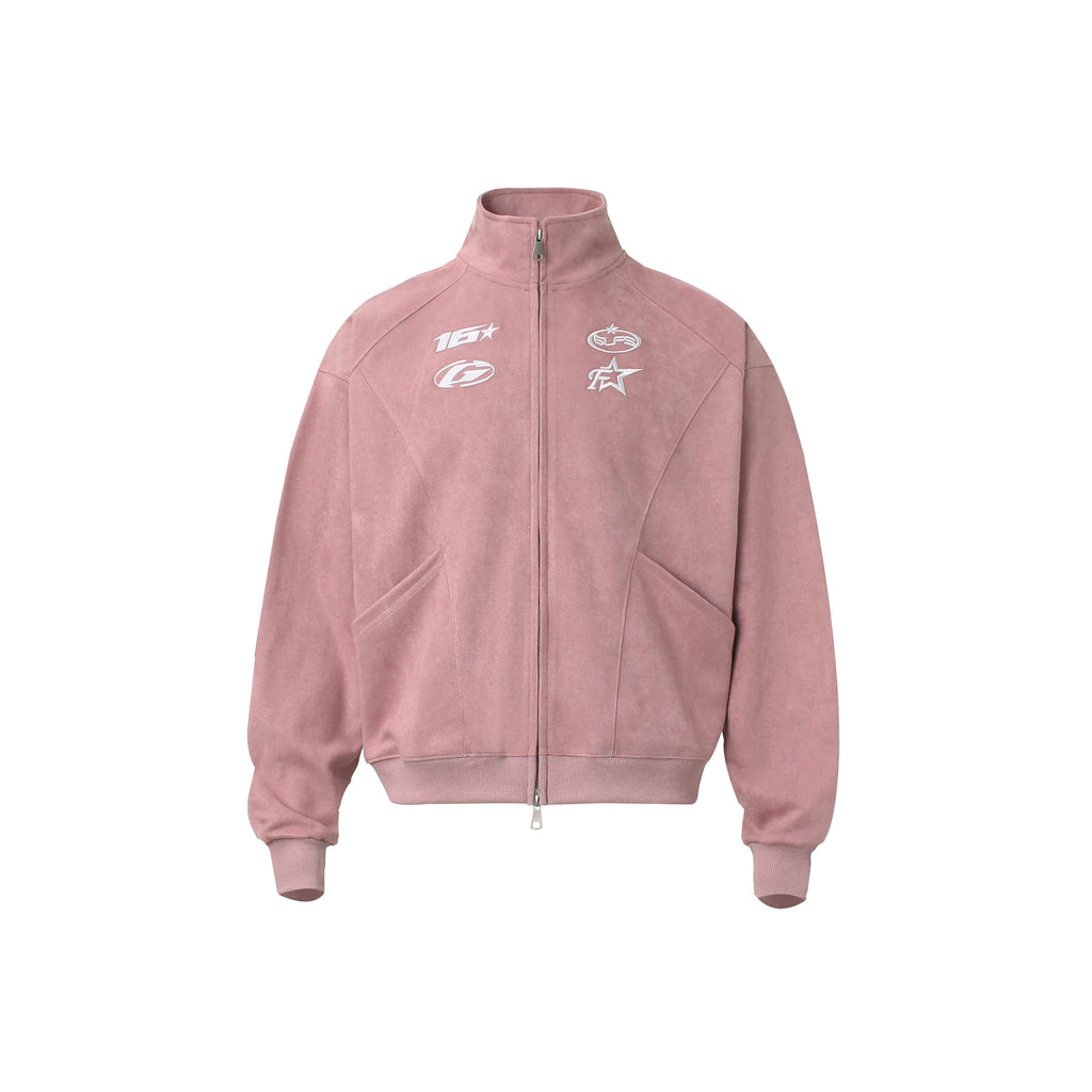 Unisex Varsity Jacket with Logo - Pink & Gray, Stand Collar Zipper Coat for Spring/Fall