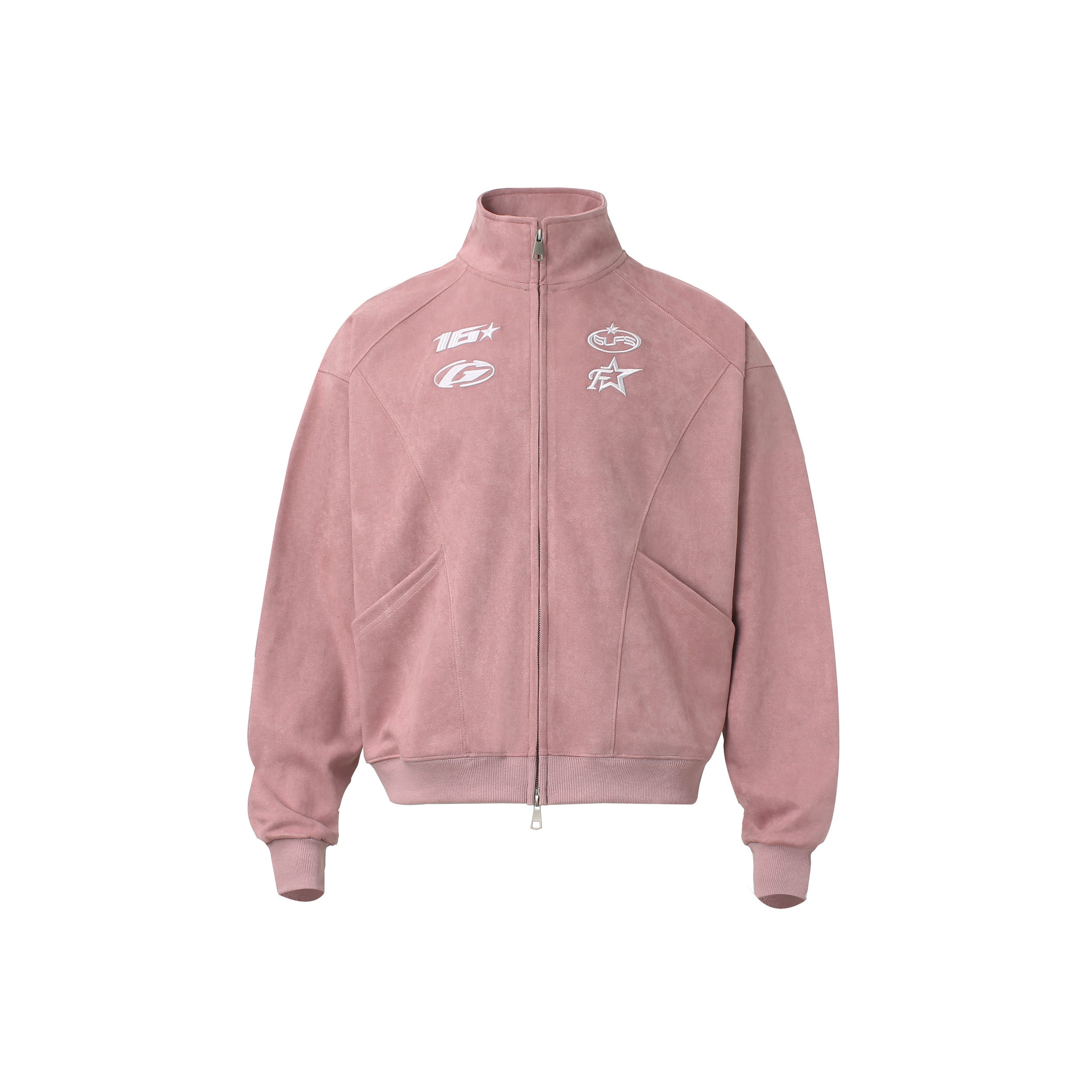 Unisex Varsity Jacket with Logo - Pink & Gray, Stand Collar Zipper Coat for Spring/Fall