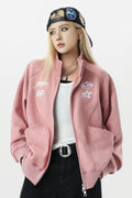 Unisex Varsity Jacket with Logo - Pink & Gray, Stand Collar Zipper Coat for Spring/Fall