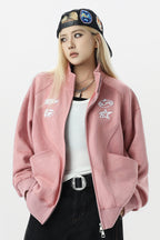 Unisex Varsity Jacket with Logo - Pink & Gray, Stand Collar Zipper Coat for Spring/Fall