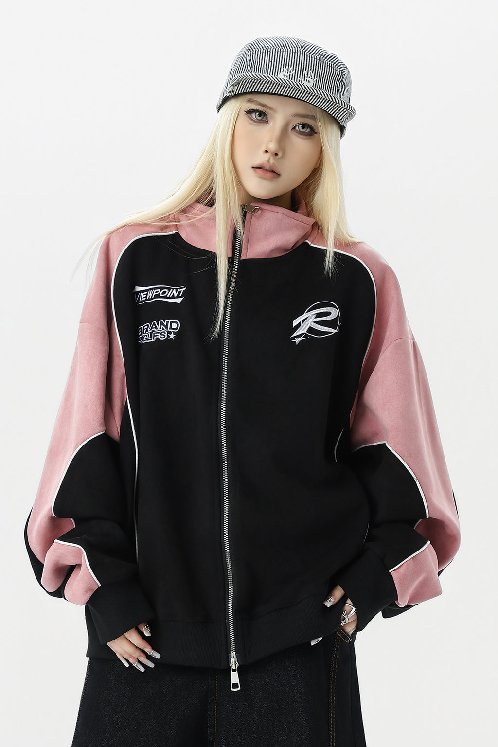 Short jacket,Unisex Retro Racing Style Jacket | Pink/Black &amp; Grey/Black Colorblock | Streetwear Essential